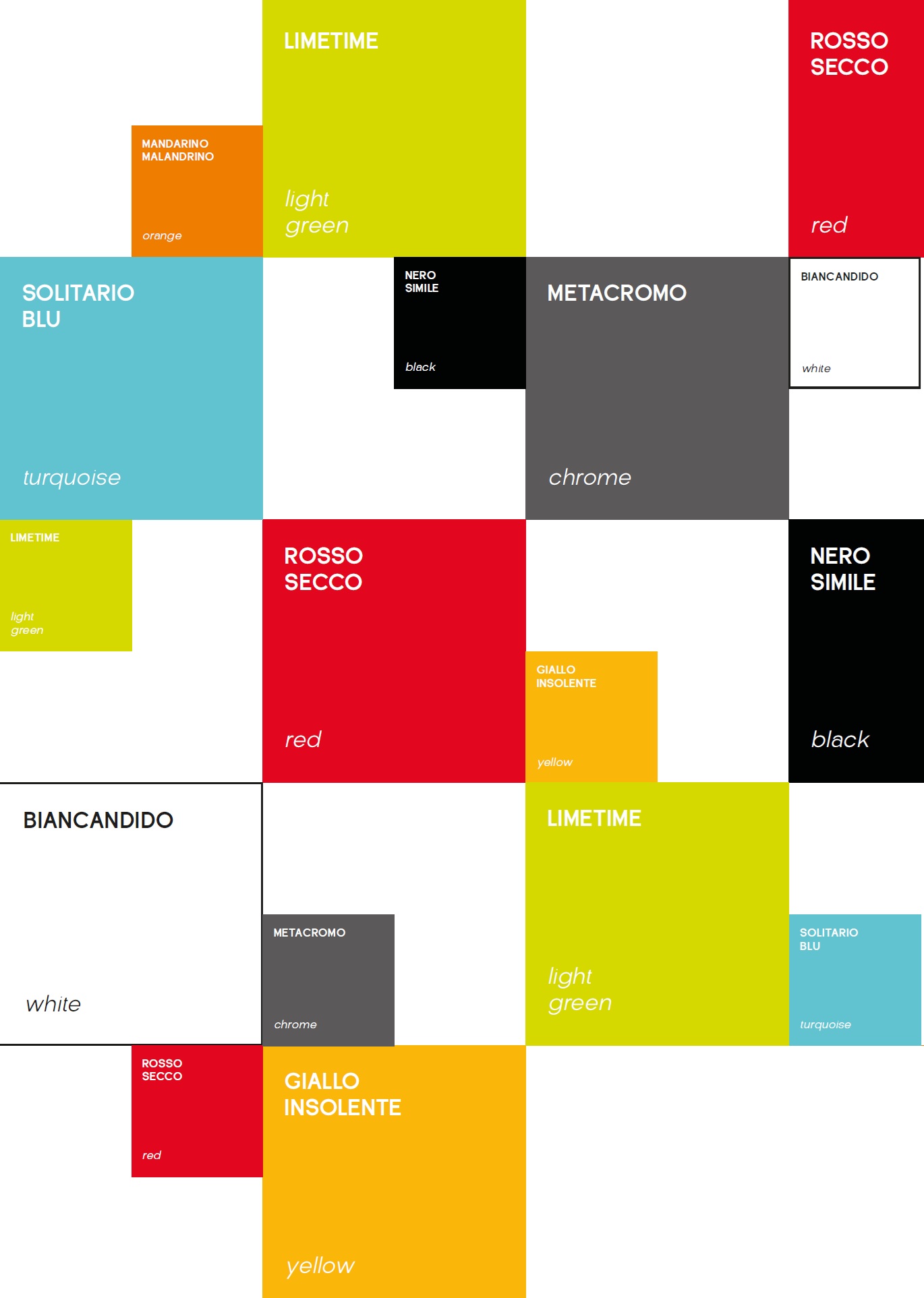 Palette Viceversa — Biancandido, Giallo insolente, Rosso secco, Limetime, Solitario blu, Nero simile, Metacromo e Mandarino malandrino